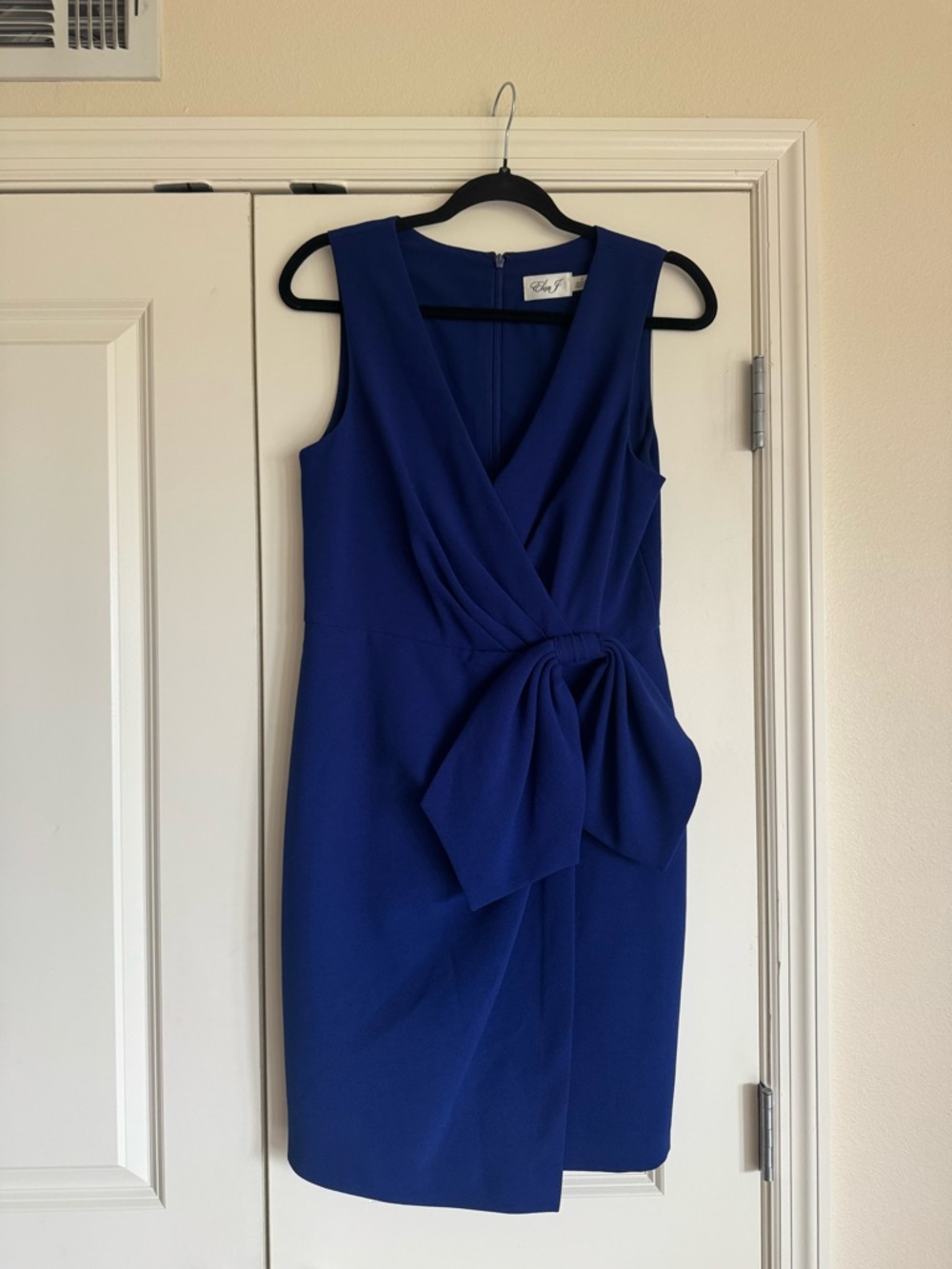 Eliza J Cobalt Blue Bow Sheath Dress Size 8 Sleeveless Faux Wrap Cocktail Dress